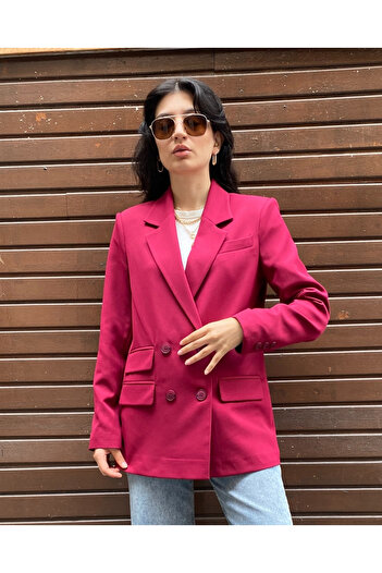 deqfashion Women's Plum Double-Breasted Button Detailed Oversize Blazer Jacket