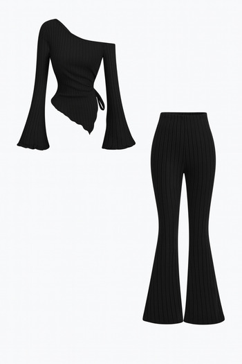 Wild Flower Black Ribbed Asymmetrical One Shoulder Spanish Sleeve Blouse & High Waist Wide Leg Pants Set