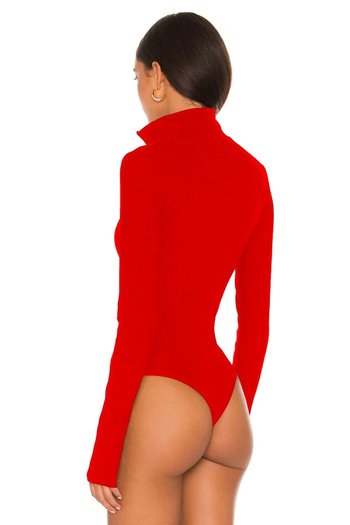 MetuCA Women's Red Stand Collar Zippered Long Sleeve Finger-Loop Sandy Fabric Bodysuit Zıbın