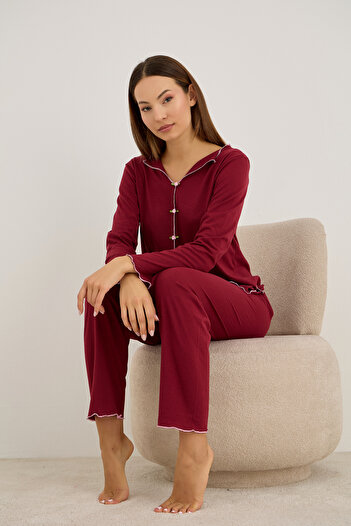 Siyah İnci Burgundy Long Sleeve Pajama Set with Rose Accessories 7939