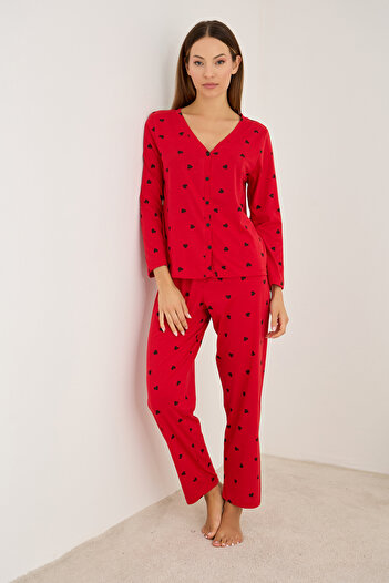 Siyah İnci kırmızı siyah kalp desenli Uzun Kollu Düğmeli Hırka Pijama Takım 7935