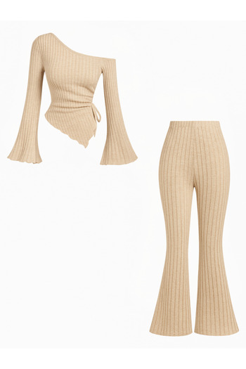 Wild Flower Beige Ribbed Asymmetrical One Shoulder Spanish Sleeve Blouse & High Waist Wide Leg Pants Set