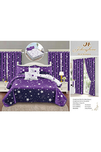 FIONNA.RO Fine Cotton Linen And Curtain Set With Elastic - Star Purple