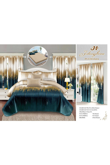 FIONNA.RO Fine Cotton Linen And Curtain Set With Elastic - Blue Gold Gradient