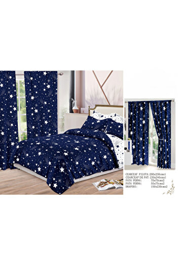 FIONNA.RO Fine Cotton Linen And Curtain Set - Starry Navy Blue