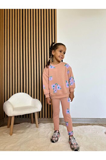 Magu Girls' Cotton Salmon Floral Pattern Sweatshirt and Leggings Tracksuit Set