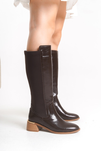 bolemo Women's Brown Patent Leather Boots with Flexible Fabric on the Back, Stretch Zipper Boots 2530