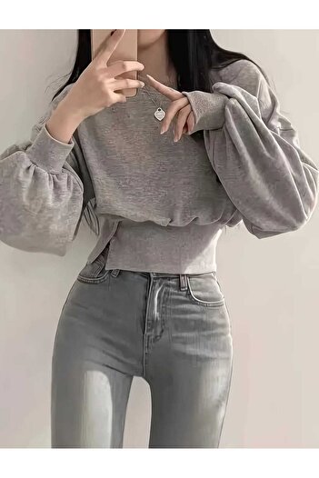 lobivia Women's Gray Solid Color Round Neck Long Sleeve Button Detailed Sweatshirt
