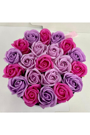 velve Special Color floral arrangement in a round box with 21 soap roses, purple-lilac