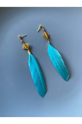 dela otantik Handmade Long Colorful Feather Earrings – Bohemian Style Festival Jewelry - Authentic Ethnic Vintage Bijouterie Jewelry