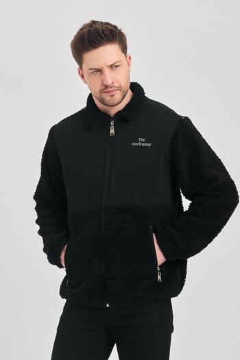 DAMGA JEANS Men's Half Fur Winter Black Loose Plush Jacket