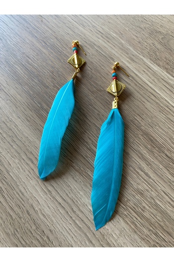 dela otantik Handmade Long Colorful Feather Earrings – Bohemian Style Festival Jewelry - Authentic Ethnic Vintage Bijouterie Jewelry