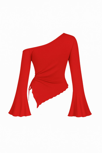 Wild Flower Red Long Sleeve Asymmetric Neckline Draped Side Tie-Up Spring Fall Blouse Top