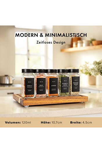 EDELHAUS Set 24 square jars for spices, 120ml, 10.7×4.5cm, black lids, 30 dosing inserts, 240 German labels