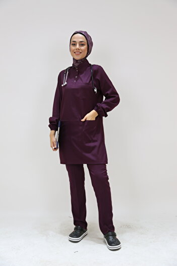 ÇİZGİ MEDİKAL Lycra Modest Nursing Scrubs Plum Modest Nursing Uniform with Elasticated Sleeves