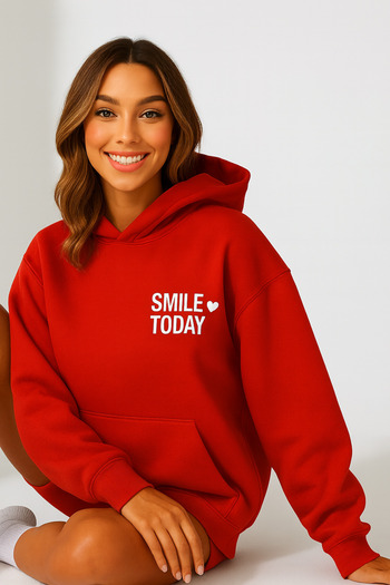 CLASSY.MODA Women's Hooded Kangaroo Pocket Oversize Sweatshirt with Smile Today Lettering on Front Casual Daily Style