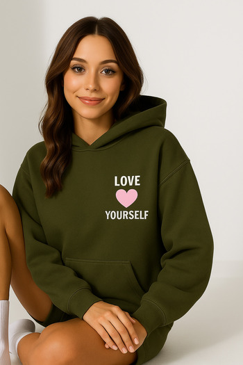 CLASSY.MODA Women's Hooded Kangaroo Pocket Oversize Sweatshirt Front Love Yourself Letter Casual Daily