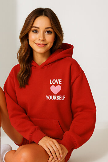 CLASSY.MODA Women's Hooded Kangaroo Pocket Oversize Sweatshirt Front Love Yourself Letter Casual Daily