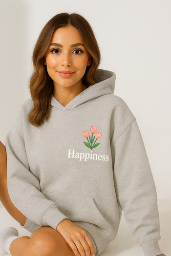 CLASSY.MODA Women's Hooded Kangaroo Pocket Oversize Sweatshirt Front Happiness Floral Print Casual Daily Wear