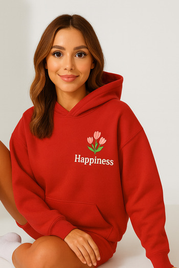 CLASSY.MODA Women's Hooded Kangaroo Pocket Oversize Sweatshirt Front Happiness Floral Print Casual Daily Wear