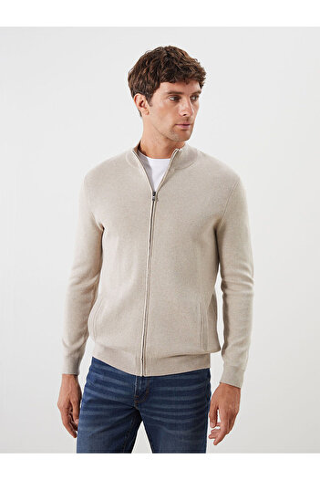 LC Waikiki Beige Standard Fit Stand Collar Men's Knitwear Cardigan