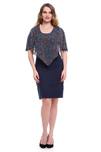 AD Fashion Rochie conica bleumarin cu capa din voal imprimat 01R05i2047 - 38 EU