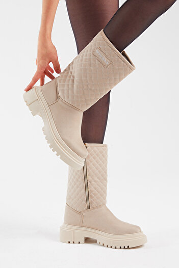 Tonny Black Women's Beige Quilted Patterned Comfortable Fit Long Boots