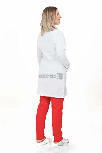 DEMOTEKS Uniforma lab coat halat medical lung alb femei – cu trei buzunare, maneca lunga, guler tunica
