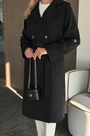 Laluvia Black Long Flowy Trench Coat - 7310