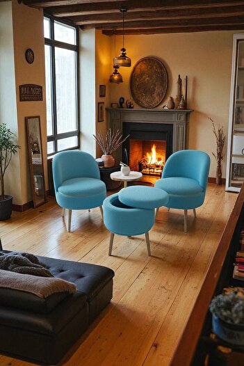 WoodyMaison LORIANE Teddy Peluş Berjer ve Puf 3’lü Takım – Salon, Balkon ve Ofis İçin Konforlu Çay Seti