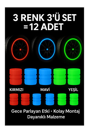 LookBuyTake Fosforlu Gece Parlayan 3 Renk 4’lü Set (12 Adet) Sibop Kapağı – Kırmızı Mavi Yeşil