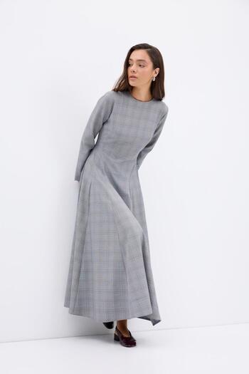 KADRİYE BAŞTÜRK Plaid Patterned Piece Long Dress Gray