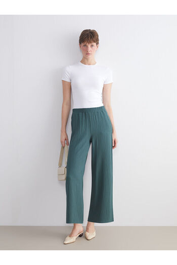 LC Waikiki Khaki Elastic Waist Textured Wide Leg Women's Trousers