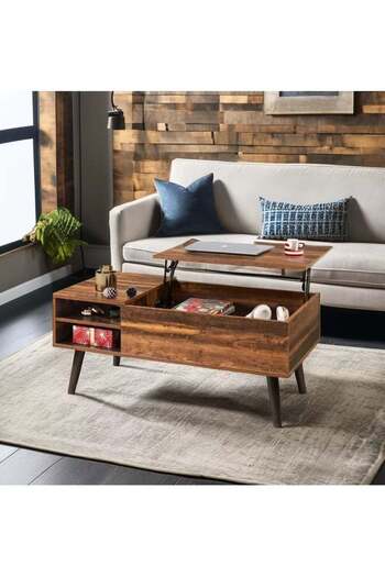 AGD Multi-functional Dining Table, Elegant Wooden Coffee Table, Liftable and Removable Shelf for Liv