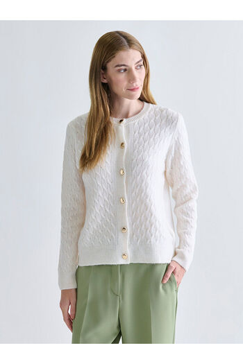 LC Waikiki Ecru Crew Neck Self Patterned Women's Knitwear Cardigan