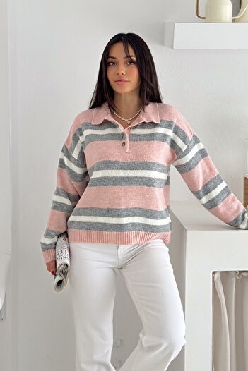 FEMELLE Light Pink Striped Knitwear Sweater Buttoned Polo Neck Off Shoulder Standard Size