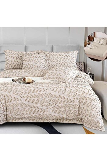 OEM Premium Embossed Bed Linen, 2 persons, 6 pieces, with elastic, brown, leaves, LFG111