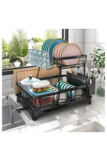 COOYA 2-Tier Metal Dish Rack with Drainboard and Dryer Mat, Detachable, Drainboard, for Kitchen Counter