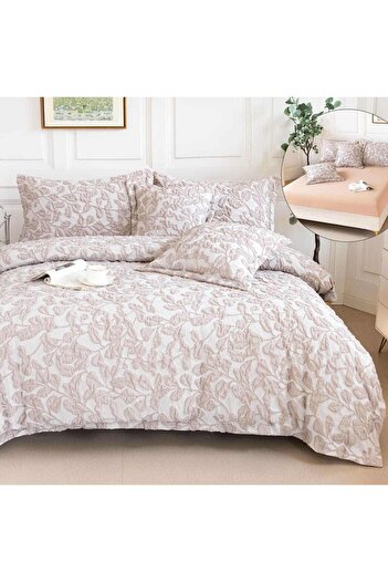 OEM Premium Embossed Bed Linen, 2 persons, 6 pieces, with elastic, cream, leaves, LFG117