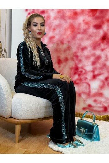 Yeşilmoda Team Women's Black Velvet Mirror Embroidered Zippered Tracksuit Set Daily Use,Autumn and Winter