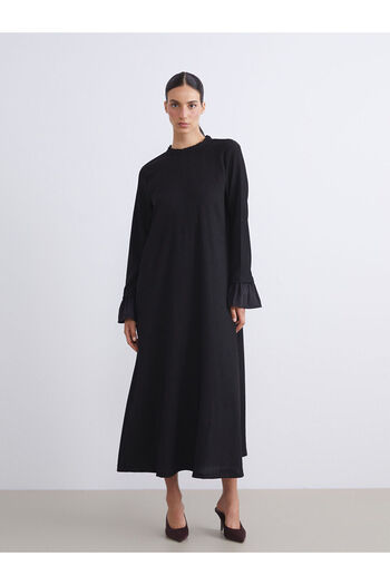 LC Waikiki Black Plus Size Ruffled High Neck Knit Dress