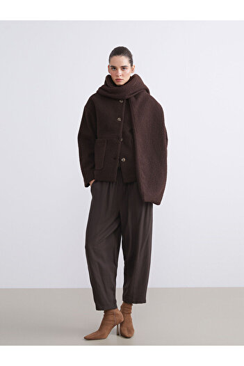 LC Waikiki Brown Crew Neck Scarf Women's Cashmere Coat
