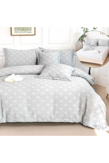 OEM Premium Embossed Bed Linen, 2 persons, 6 pieces, with elastic, gray, lines, LFG108