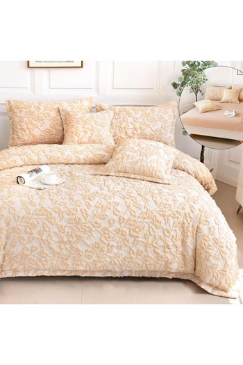 OEM Premium Embossed Bed Linen, 2 persons, 6 pieces, with elastic, cream, leaves, LFG114