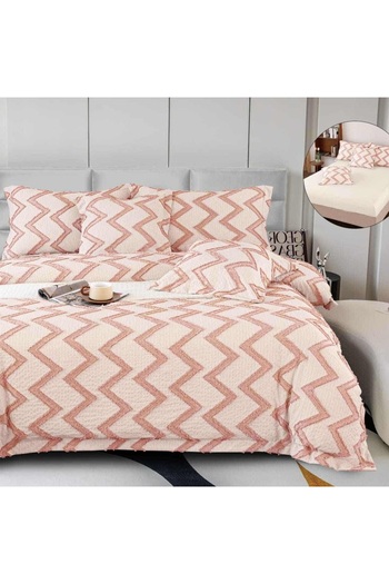 OEM Premium Embossed Bed Linen, 2 persons, 6 pieces, with elastic, dark cream, zigzag lines, LFG106
