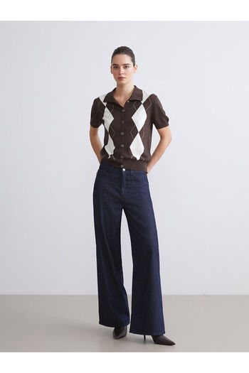 LC Waikiki Brown Polo Collar Diamond Patterned Women's Knitwear Cardigan