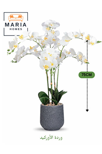 MARIA HOMES Artificial White Orchid Plant 75 cm – 6 Stems with Gray Decorative Plastic Pot for home & office