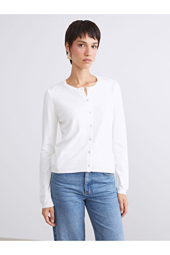 LC Waikiki Ecru Crew Neck Women's Knitwear Cardigan