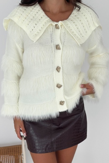 Ded COLLECTION Women's Shaped Gold Button Detailed Furry Fringed Collar Thick Knitted Sweater Cardigan