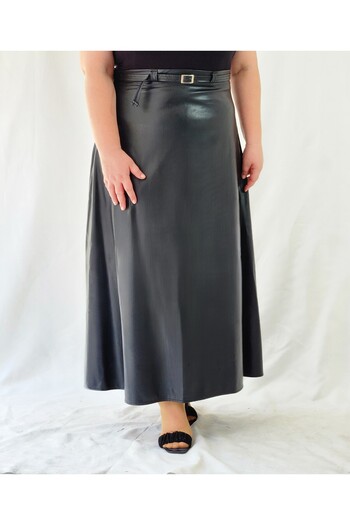 MRV DESIGN Plus Size Maxi Size Loose Black Leather Skirt with Belt Detail